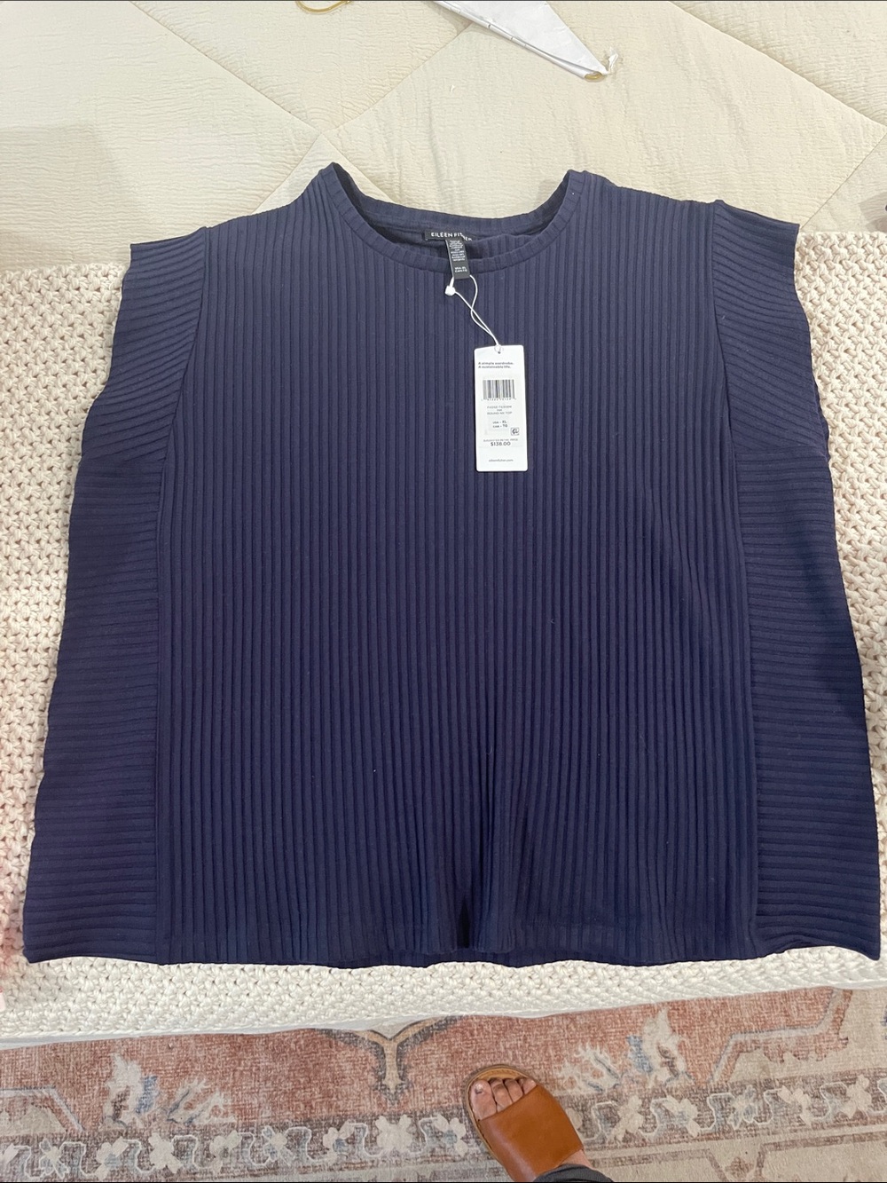 Eileen Fisher Navy Ribbed cap sleeves blouse